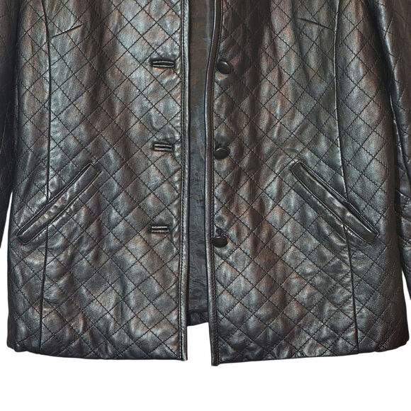 SIENA Black Genuine Leather Jacket Button Down Front Quilted Classic Chic 10 - Picture 6 of 16